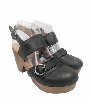 Free People Park Circle Black leather & wood platform slingback heel 38 EU 7.5